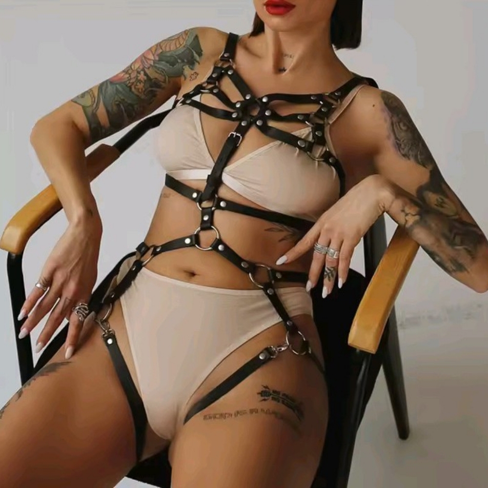 Black Strappy Leather Harness Lingerie Set | Adjustable Body Harness Bodysuit - Picture 4 of 4